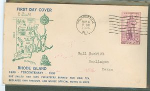 US 777 1936 3c Rhode Island Tercentenary (Roger Williams) on an addressed (typed) FDC with an unknown cachet