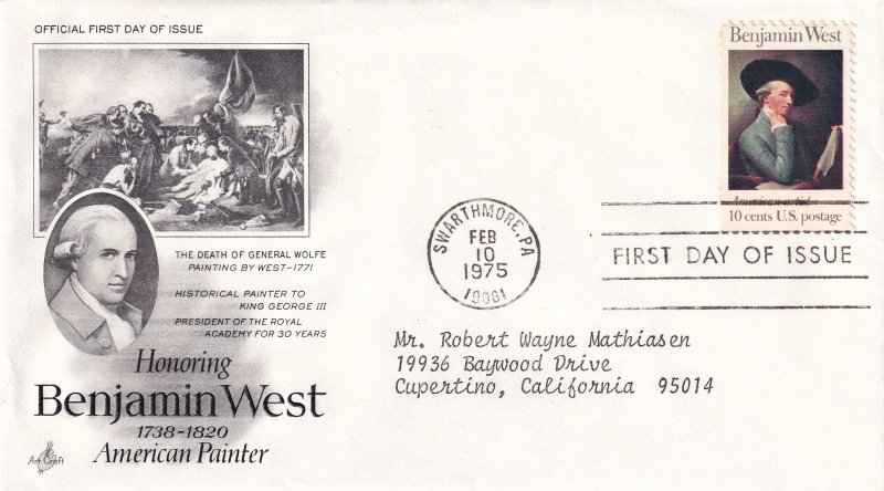 1975, Honoring Benjamin West, Art Craft, FDC (E12288)