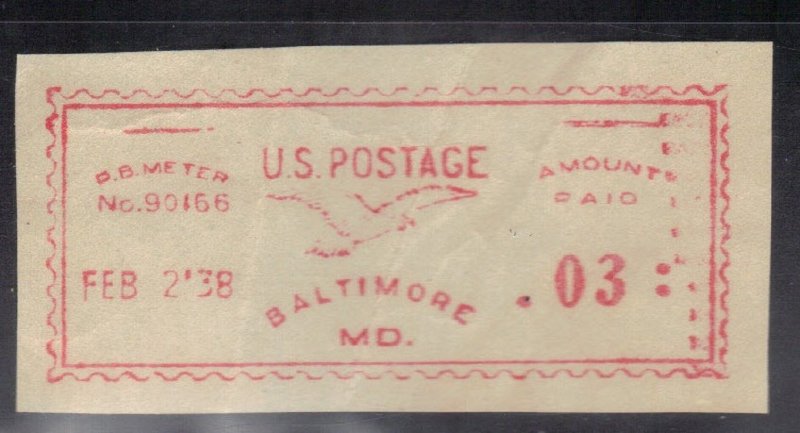 USA POST OFFICE METERED STAMP, BALTIMORE, MD FEB2,1938  .03c