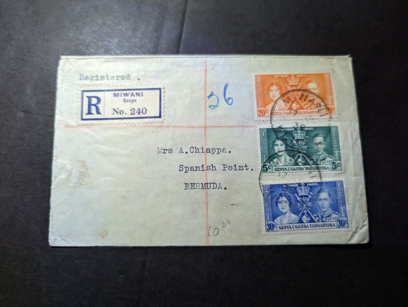 1938 Registered British KUT Cover Miwani Kenya to Spanish Point Bermuda
