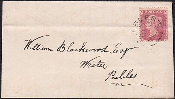 GB SCOTLAND 1863 1d red on cover INNERLEITHEN TO PEEBLES, scarce cds pmk...A6463