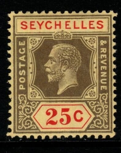 SEYCHELLES SG89b 1922 25c BLACK & RED/PALE YELLOW DIE II MTD MINT 