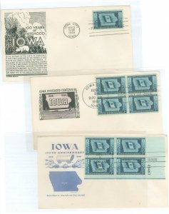 US 942 1946 3c Iowa Statehood Centennial on three first day covers with different cachets:  Anderson, Ioor, Grimsland.