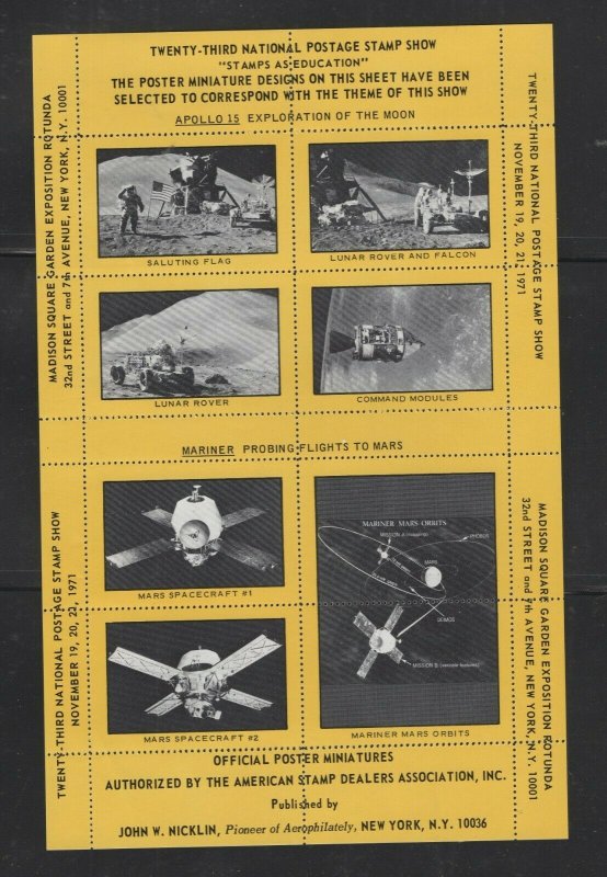 ASDA sheet of 8 Apollo 15/Mariner Poster stamps yellow for 1971  Stamp Expo - P