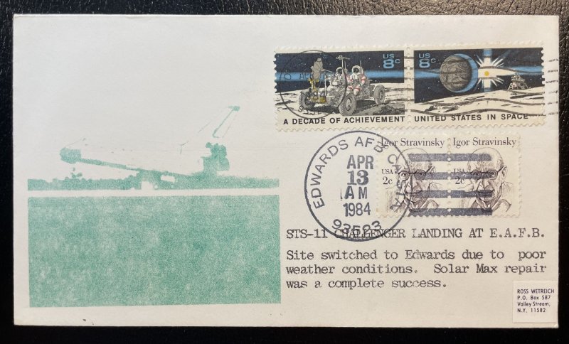 US #1435b Pair + #1845 on Cover STS-11 NASA Edwards AFB Cancel - Space Moon