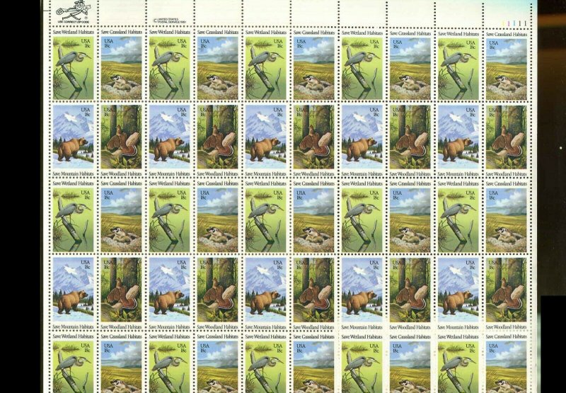 MNH Sheet - 18¢ SAVE HABITATS WETLANDS Scott #1921-1924 Bear Badger Bird