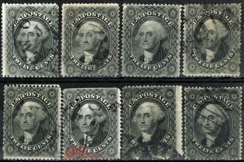 [0944] 1859 Selection of 12¢ black Washington used (x8)