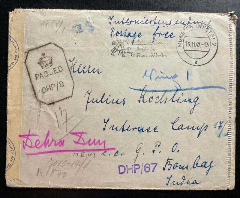 1942 Munster Germany Censored Cover To Prisoner Of War POW Dehra Dun India