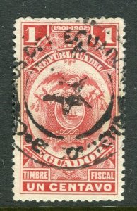 ECUADOR; 1890s early classic Fiscal issue mint hinged surcharged 1c. value