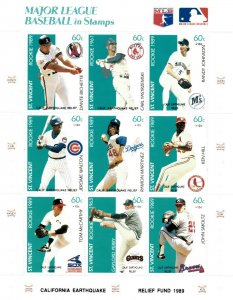 St. Vincent 1989 SC# B9 MLB, Baseball Rookies Earthquake OVPT - Sheet of 9 - MNH