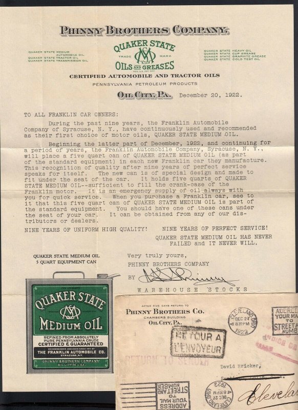 Oil City, PA 1922 QUAKER STATE OIL Letter CHILE