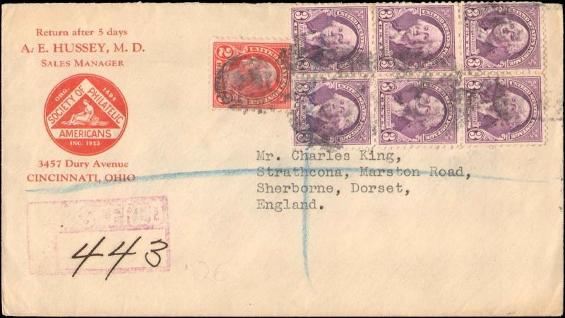 1937 CINCINNATI OHIO REGISTERED MULTI STAMP TO ENGLAND