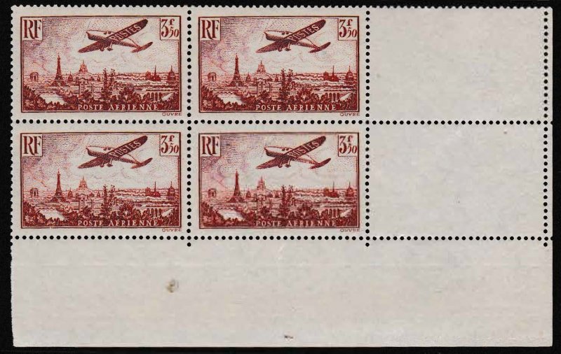 France 1936 Airmail Scott C13 Y&T13 Block of 4. XF NH Plane Over Paris