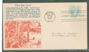 US 796 1937 3c virginia dare commemorative on an addressed, typed fdc with a umc cachet