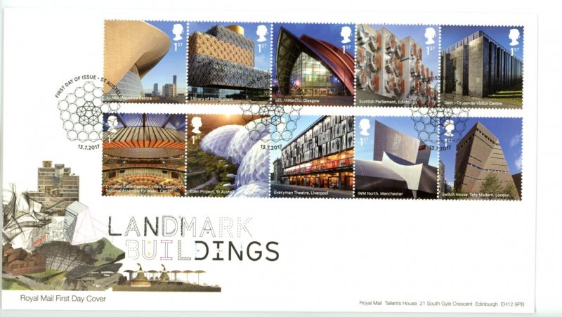 Great Britain 2017 FDC Landmark Buildings Architecture   Sc# 3622-3631 se ten...