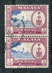 MALAYA PENANG; 1950s early Sultan Coat of Arms issue $1 used PAIR