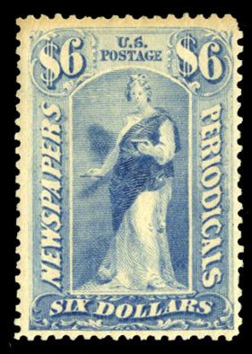 United States, Newspaper Stamps #PR73 Cat$1,050, 1879 $6 blue, lightly hinged...