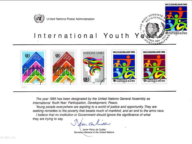 UN SC26 Youth Year Souvenir Card Vienna Cancel FDC