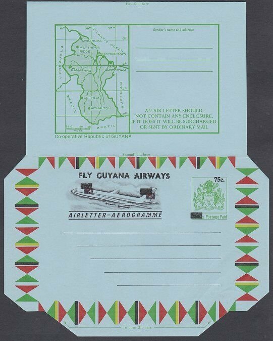 GUYANA 75c opt Arms Map Plane aerogramme unused DOUBLE OVERPRINT............J972