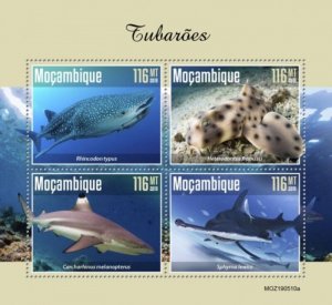 Mozambique - 2019 Sharks on Stamps - 4 Stamp Sheet - MOZ190510a