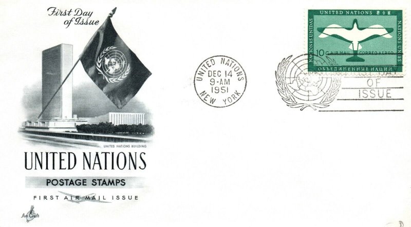 UNITED NATIONS FIRST AIRMAIL ISSUE 10c FIRST DAY COVER UA BY ART CRAFT 1951