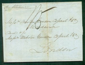 DWI 1849, Stampless to London, St Thomas double semi-circle cxl & red arrival VF