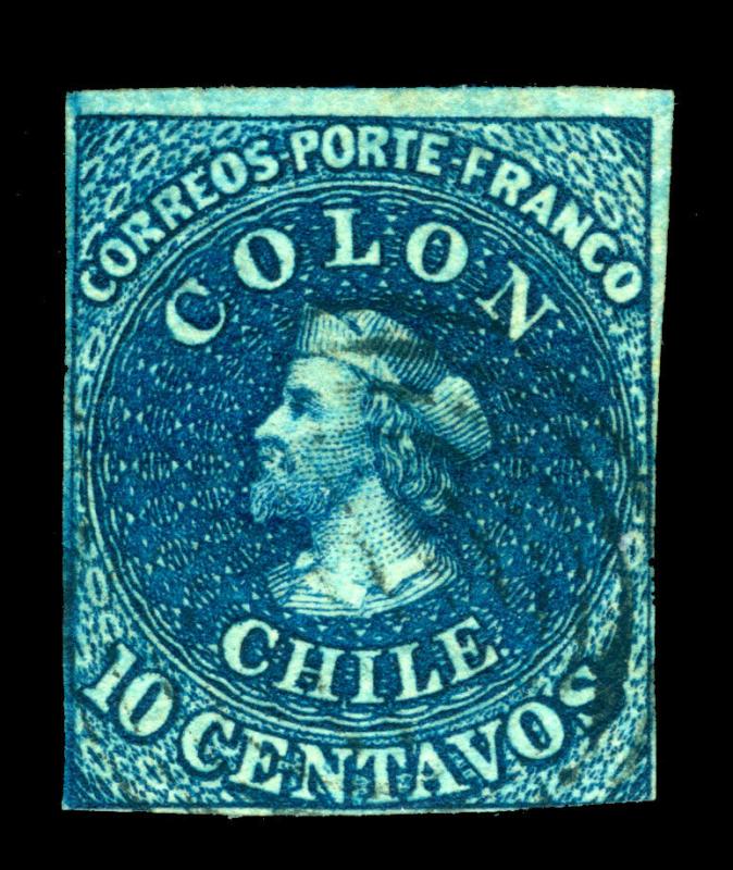CHILE 1859  COLUMBUS 10c blue, bluish paper Scott # 10i used  WMK. FB10-4