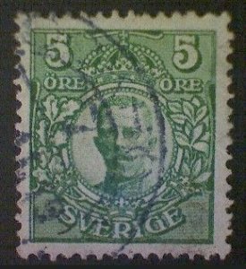 Sweden (Sverige), Scott #77, used (o), 1911, King Gustav V, 5ö, light green