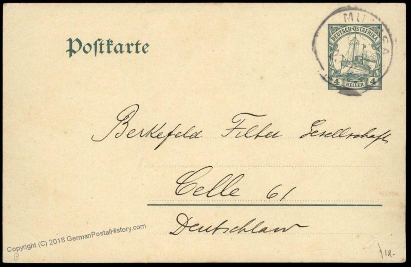 Germany 1912 East Africa MUHESA DOA Postal Card Cover to Celle 85512