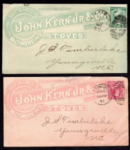 US 1883-1891 TWO ADVERTISING COVERS STOVES JOHN KERN JR. & CO IN PINK AND