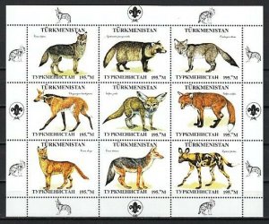 Turkmenistan, 1999 Russian Local. Wild Dogs sheet of 9. Scout logo.