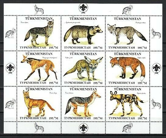 Turkmenistan, 1999 Russian Local. Wild Dogs sheet of 9. Scout logo.