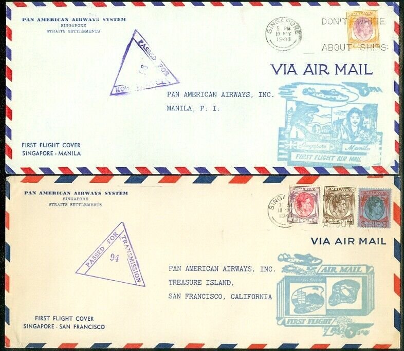 EDW1949SELL : STRAITS SETTLEMENT 4 1941 AirMail First Flight cover to USA & Poss