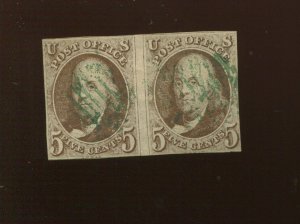 1 Franklin Used Pair of Stamps with RARE GREEN Cancel PF Cert (Bz 550) 