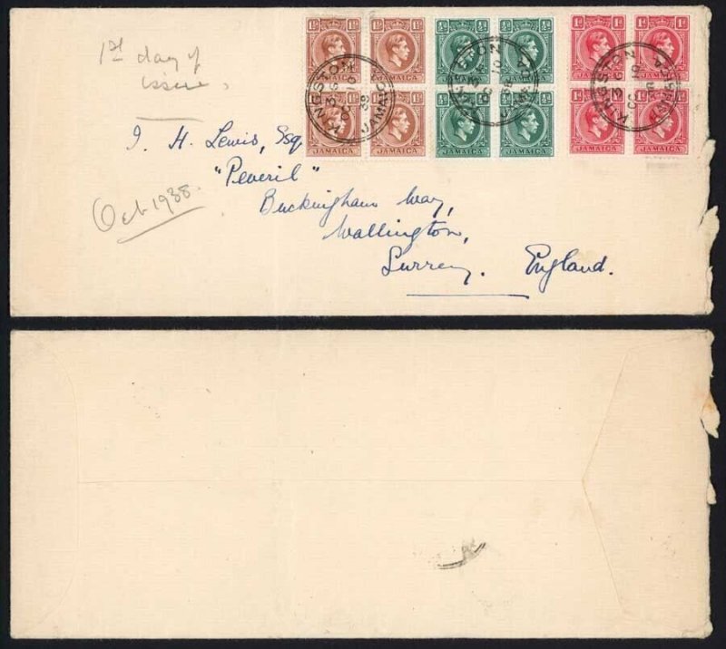 Jamaica 10 Oct 39 1/2d 1d and 1 1/2d Blocks on a First Day Cover