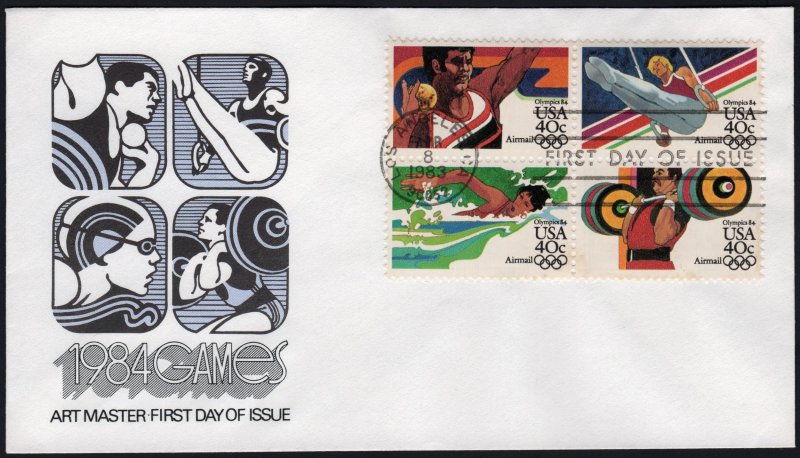 SC#C105-108 40¢ Summer Olympics Block of Four FDC: Artmaster (1984) Unaddressed