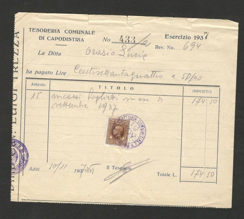 ITALY-RECEIPT-BILL WITH STAMP-FOLDED DOCUMENT-1937.