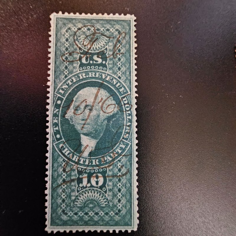 R93c Perforated $10 Charter Party Revenue stamp VF NG CSV 37.50