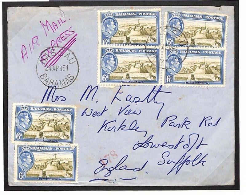 MS4015 1951 BAHAMAS EXPRESS AIRMAIL Nassau Cover Lowestoft Suffolk