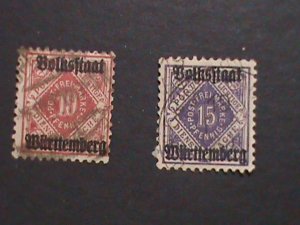 ​GERMANY-WURTTEMBERG 1875-1900 OVER 100 YEARS OLD-2 OFFICIAL USED STAMPS VF