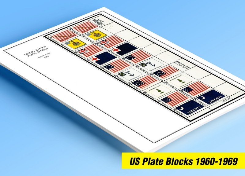 COLOR PRINTED US PLATE BLOCKS 1960-1969 STAMP ALBUM PAGES (68 illustrated pages)