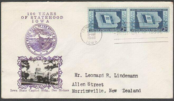 USA 1946 CROSBY photo FDC to New Zealand - 3c Iowa Statehood...............55578