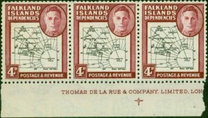 Falkland Islands Dep 1946 4d Black & Claret SGG5 V.F MNH Strip of 3