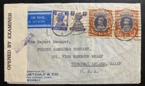 1945 Bombay India Censored Airmail cover To Terminal Island CA USA SG#259