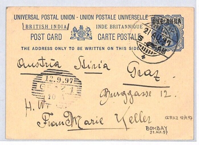 INDIA QV Stationery Card Surcharge Bombay AUSTRIA DESTINATION Graz 1897 PJ244