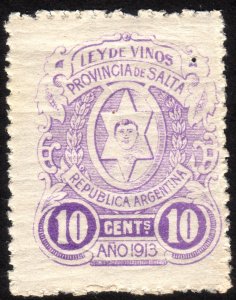 1913, Argentina Salta, 10c, Revenue stamp (Wine Tax), MNH creased + pinhole