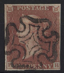 GB 1841 1d red from black plate 8 PH very fine used, neat MX, 4 good margins,