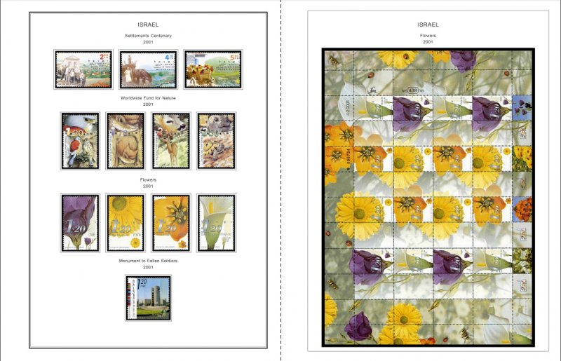 COLOR PRINTED ISRAEL 2000-2010 STAMP ALBUM PAGES (68 illustrated pages)