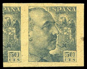 Spain #699P, 1939-40 Franco, 50c indigo, imperf. proof on pink card, printed ...