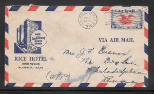 #C23 on HUSTON TX. AUG/13/1939 RICE HOTEL AIRMAIL COVER (A1061)